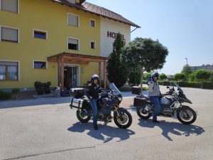 Motorcyclists in front of Hotel Bau Maribor in Slovenia